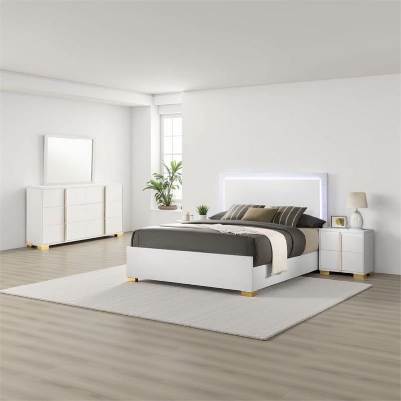 Pemberly Row 4 Pc Full Bedroom Set with LED Headboard and Gold Accents in White