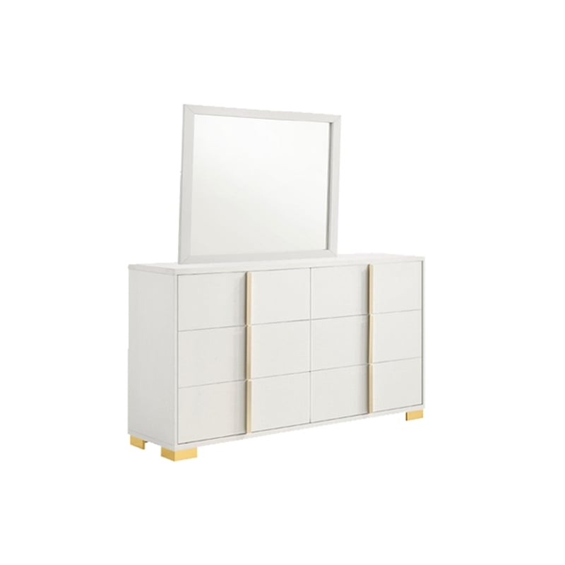 Pemberly Row 4 Pc Full Bedroom Set with LED Headboard and Gold Accents in White