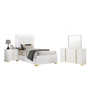 Pemberly Row 4 Pc Twin Bedroom Set with LED Headboard and Gold Accents in White