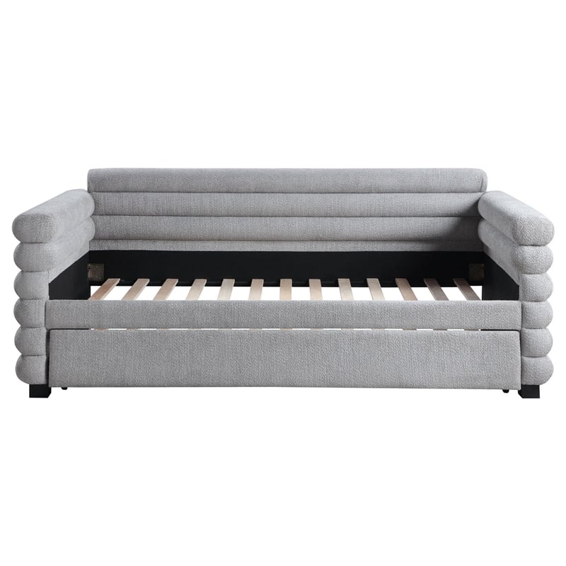Pemberly Row Twin Daybed with Trundle and Layered Bolster Design in Gray Boucle