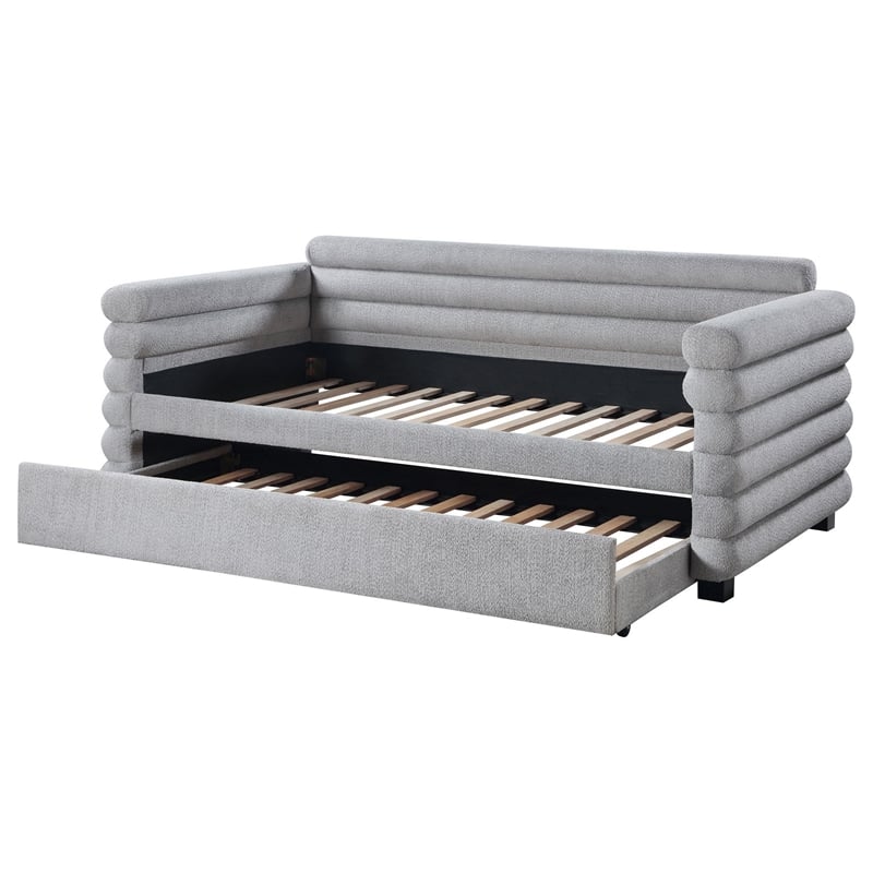 Pemberly Row Twin Daybed with Trundle and Layered Bolster Design in Gray Boucle