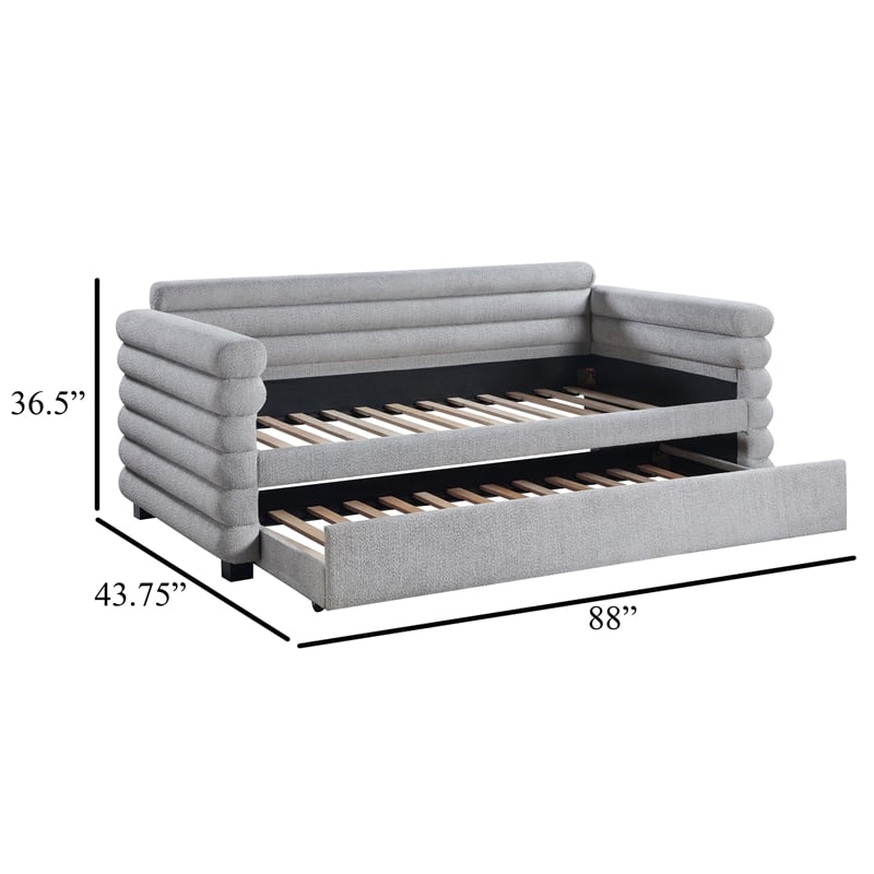 Pemberly Row Twin Daybed with Trundle and Layered Bolster Design in Gray Boucle