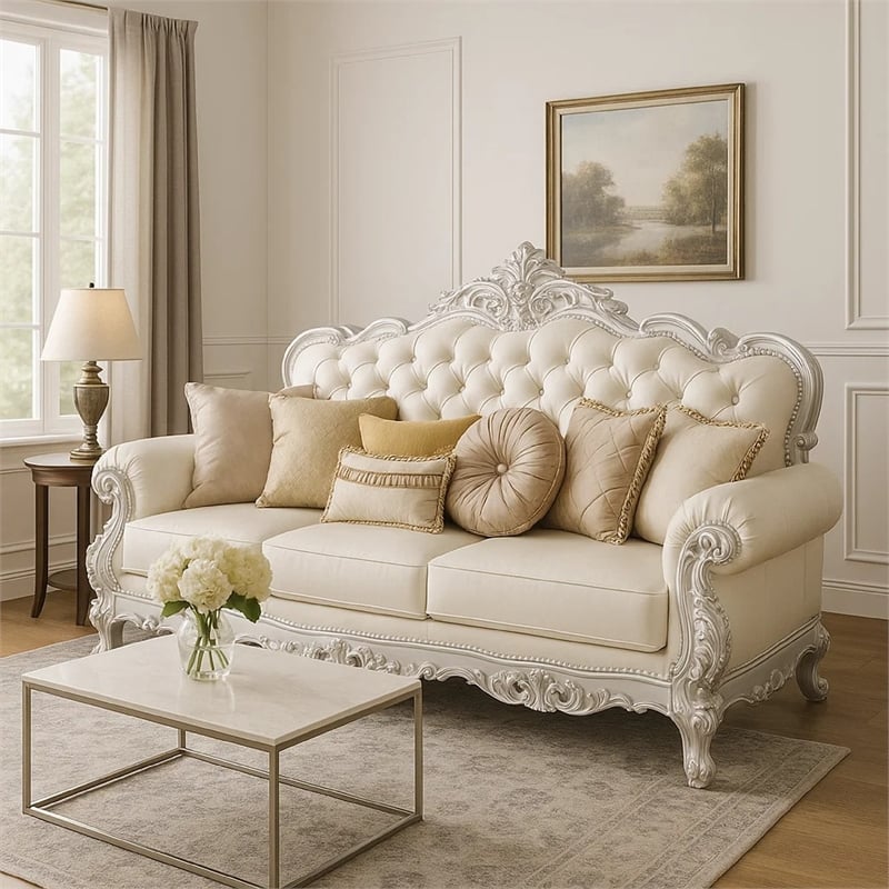 Pemberly Row 90 Inch Ornate Camelback Sofa with 7 Pillows in White Faux Leather