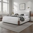Pemberly Row King Bed w/ Tall Headboard & White Boucle Upholstery - Walnut Brown