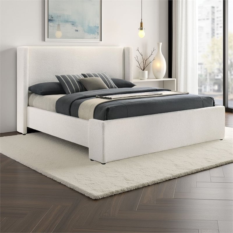 Pemberly Row King Platform Bed with White Boucle Wingback Headboard