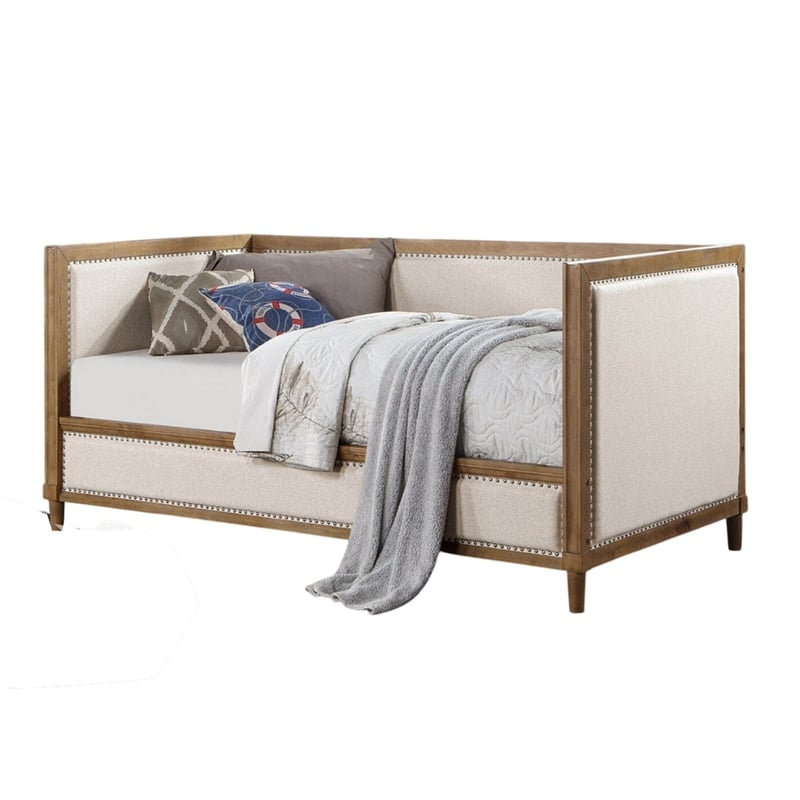 Pemberly Row Twin Daybed with Nailhead Trim and Beige Linen Panels in Light Oak