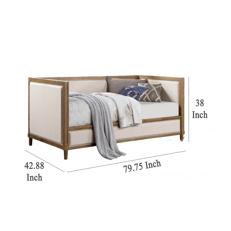 Pemberly Row Twin Daybed with Nailhead Trim and Beige Linen Panels in Light Oak