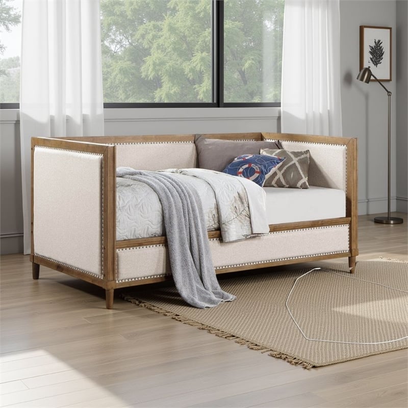Pemberly Row Twin Daybed with Nailhead Trim and Beige Linen Panels in Light Oak