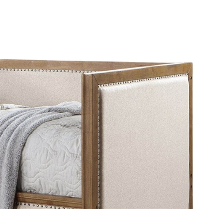 Pemberly Row Twin Daybed with Nailhead Trim and Beige Linen Panels in Light Oak