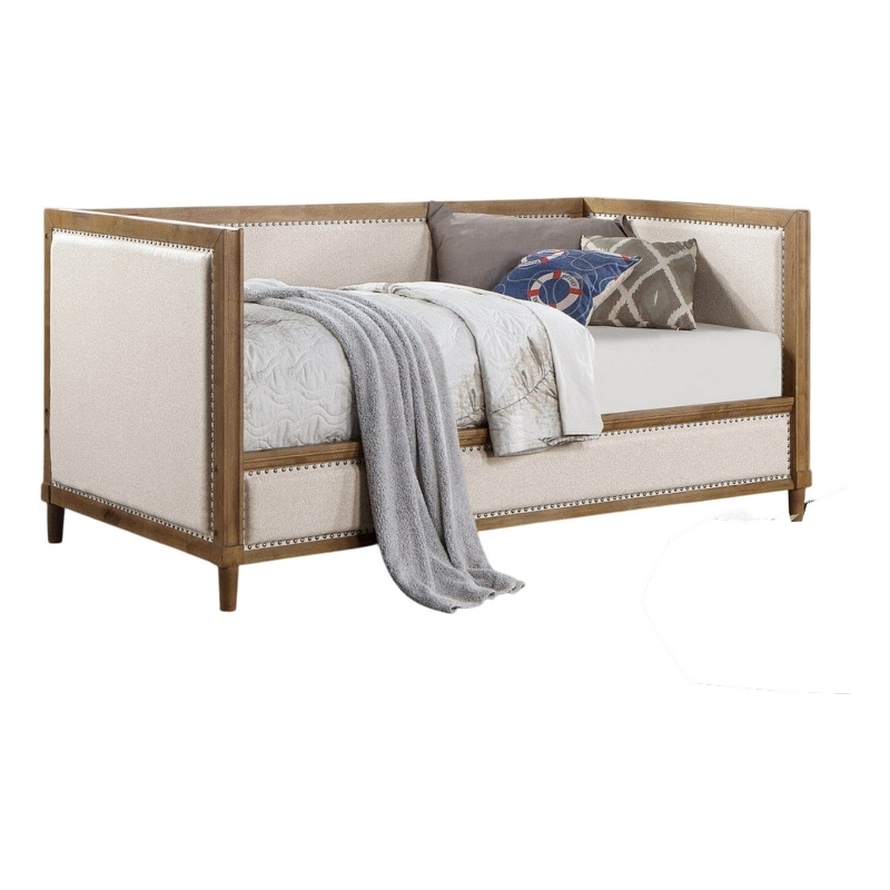 Pemberly Row Twin Daybed with Nailhead Trim and Beige Linen Panels in Light Oak