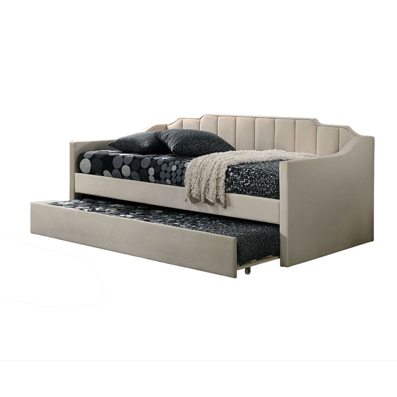 Pemberly Row Twin Daybed w/ Trundle & Staircase Channel Tufted Headboard - Beige