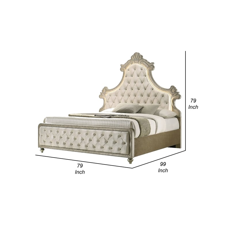 Pemberly Row King Bed with LED Lights and Tufted Beige Velvet Headboard in Brown