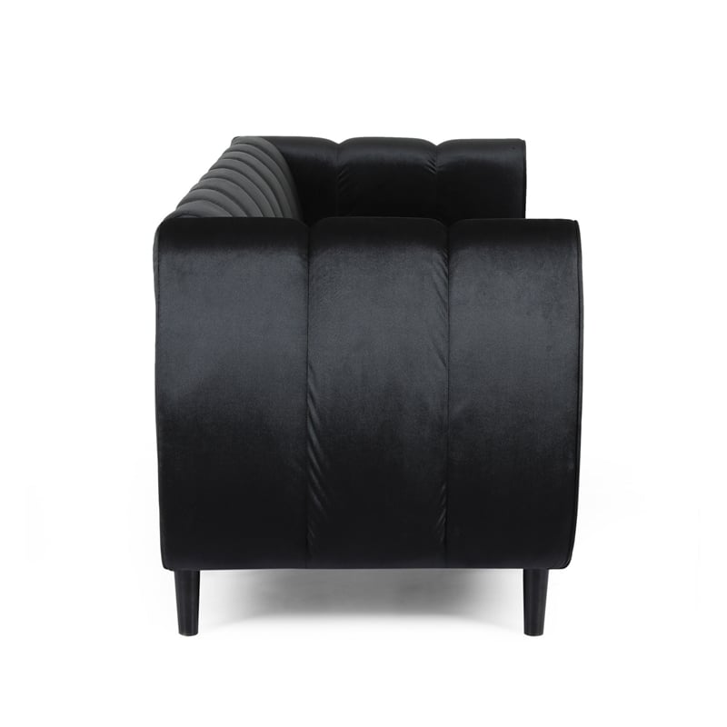 Pemberly Row 83 Inch Channel Tufted Chesterfield Sofa in Black Velvet