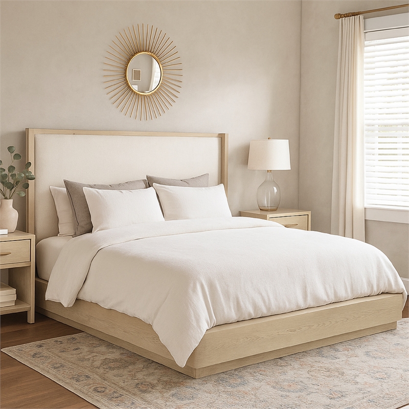 Pemberly Row California King Platform Bed with Beige Wingback Headboard & Cane
