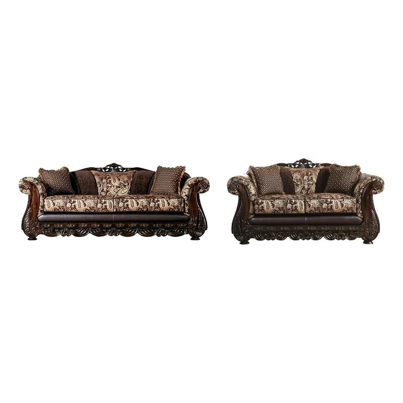 Pemberly Row 2 Pc Sofa & Loveseat Set with Wood Trim & Bun Feet in Brown & Gold