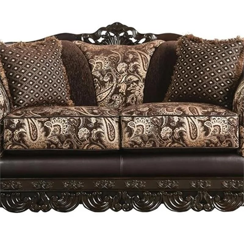 Pemberly Row 2 Pc Sofa & Loveseat Set with Wood Trim & Bun Feet in Brown & Gold