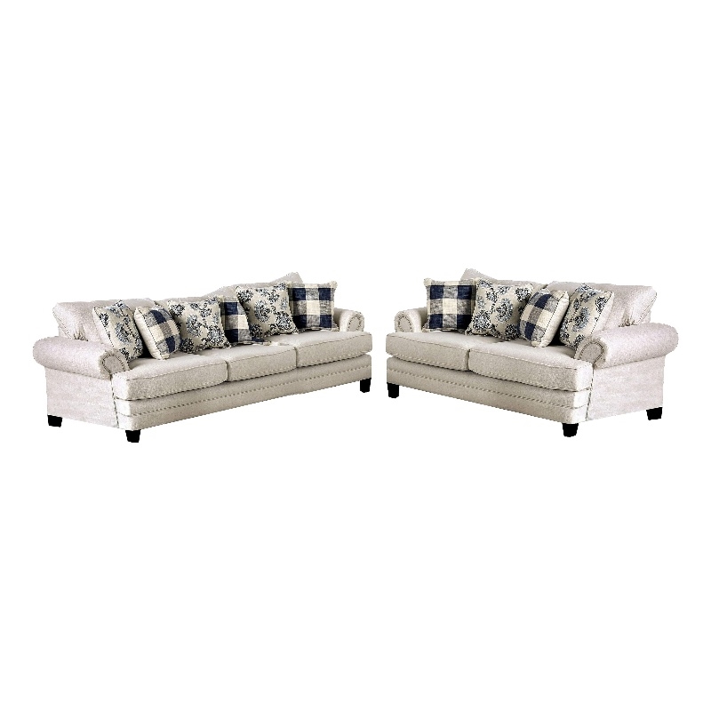 Pemberly Row 2 Pc Sofa & Loveseat Set with 9 Accent Pillows in Ivory Faux Linen