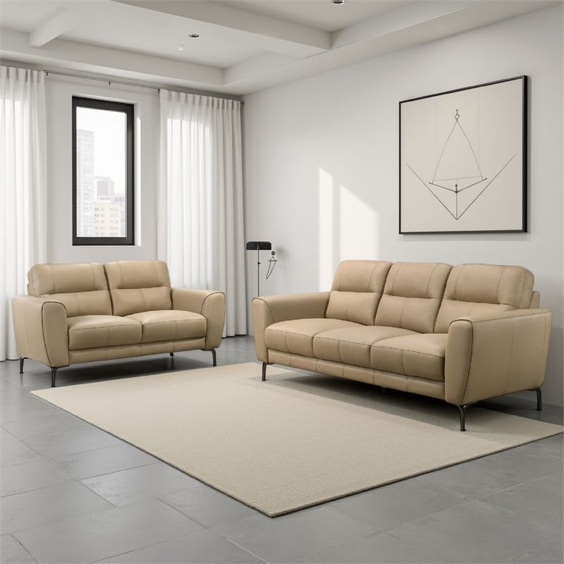 Pemberly Row 2Pc Sofa & Loveseat Set with Tufted Cushions in Light Beige Leather