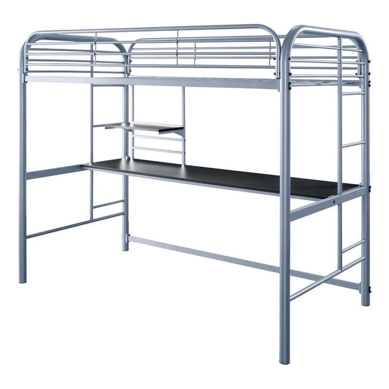 Pemberly Row Metal Twin Loft Bed with 2 Ladders and Built In Shelf in Silver