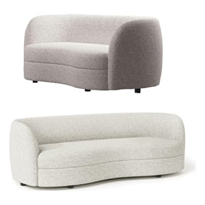 Pemberly Row 2 Pc Sofa and Loveseat Set in White Boucle with Curved Kidney Shape