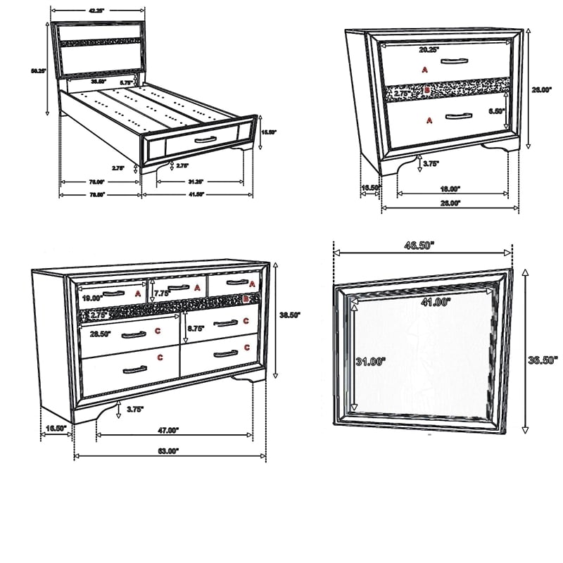 Pemberly Row 4Pc Twin Bedroom Set with Storage Footboard & Rhinestone Pulls