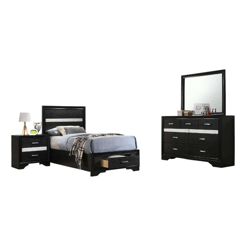 Pemberly Row 4Pc Twin Bedroom Set with Storage Footboard & Rhinestone Pulls