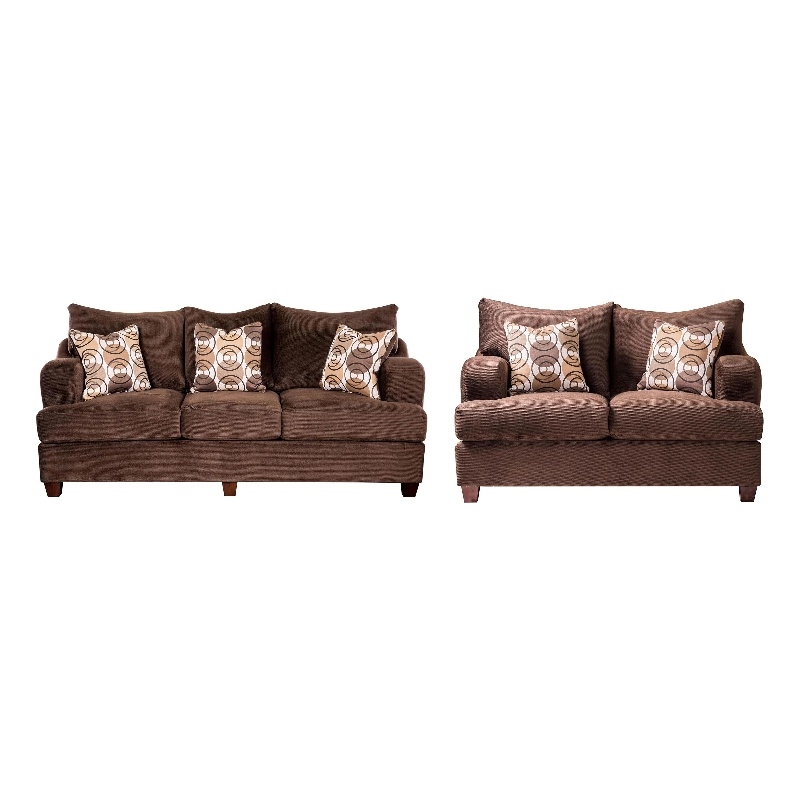 Pemberly Row 2 Pc Sofa and Loveseat Set with 5 Accent Pillows in Chocolate Brown