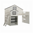 Pemberly Row Twin Loft Bed w/ House Design & Built In Bookshelf in White & Gray