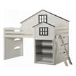 Pemberly Row Twin Loft Bed w/ House Design & Built In Bookshelf in White & Gray