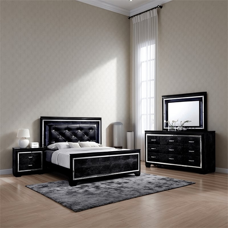 Pemberly Row 4 Piece King Bedroom Set with LED and Mirror Trim in Black