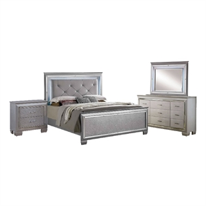 Pemberly Row 4Pc California King Bedroom Set with LED & Mirror Trim in Silver