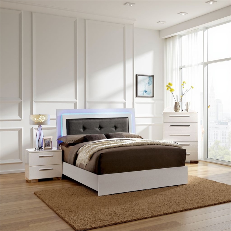 Pemberly Row 3 Piece Full Bedroom Set with LED Tufted Headboard in Glossy White
