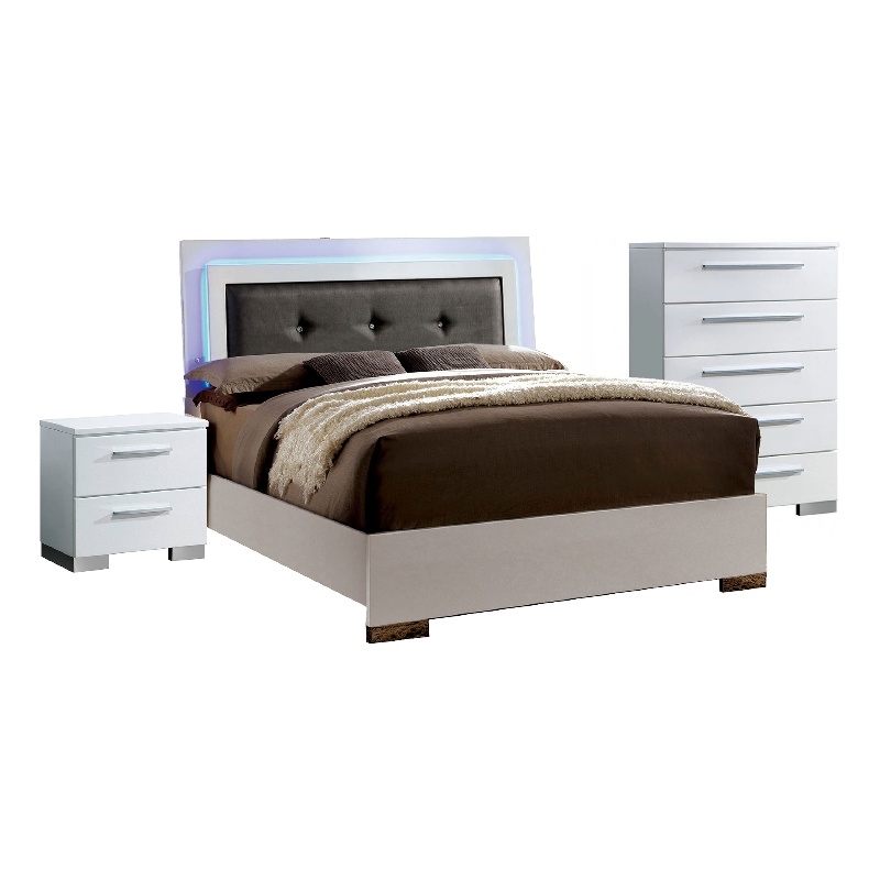 Pemberly Row 3 Piece Full Bedroom Set with LED Tufted Headboard in Glossy White
