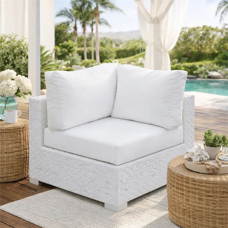 Pemberly Row Aluminum Wicker Corner Chair with Padded Cushion & Angled Feet