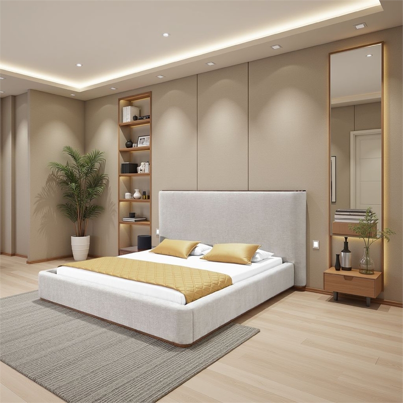 Pemberly Row Queen Bed with Upholstered Frame and 13 Slats in Gray Fabric