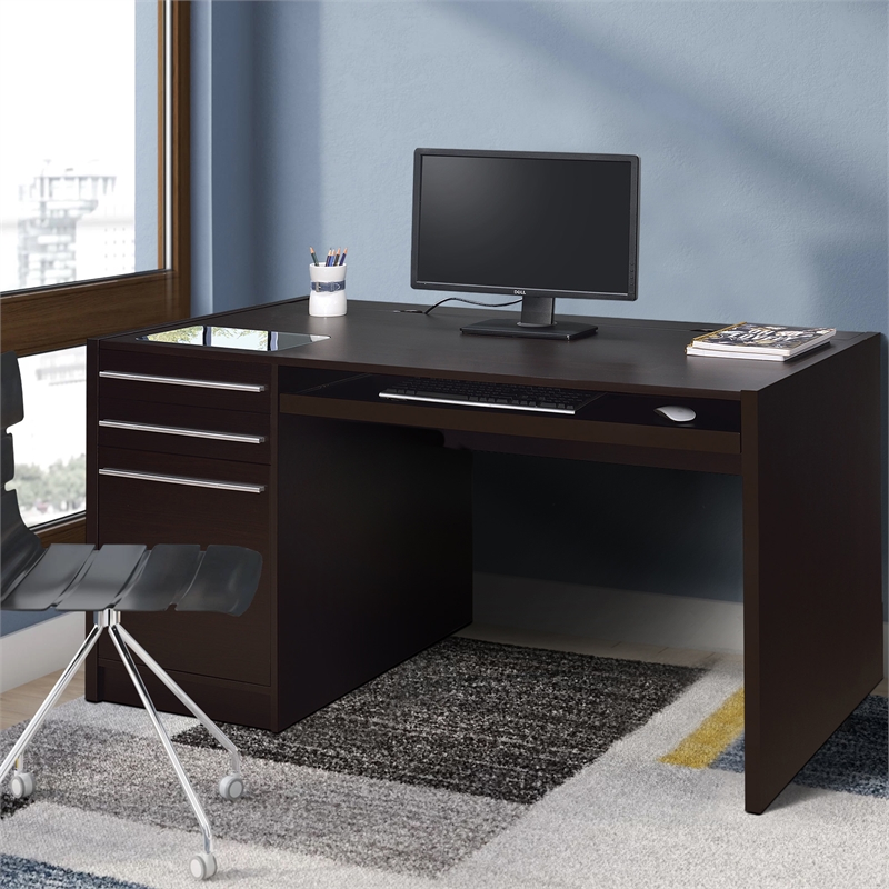 Pemberly Row Computer Desk w/ Power Storage & Keyboard Tray in Cappuccino Brown