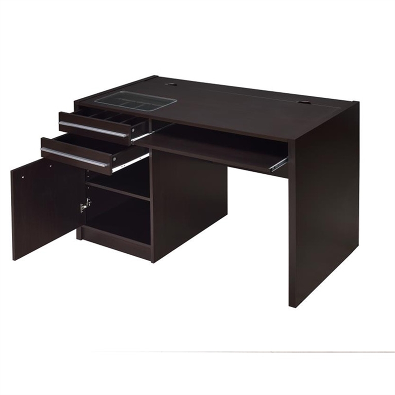 Pemberly Row Computer Desk w/ Power Storage & Keyboard Tray in Cappuccino Brown