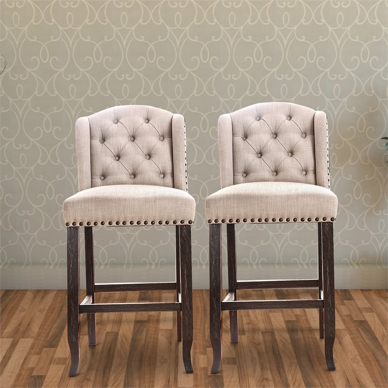 Pemberly Row Set of 2 Button Tufted Bar Chairs w/ Nailhead Trim in Beige & Black