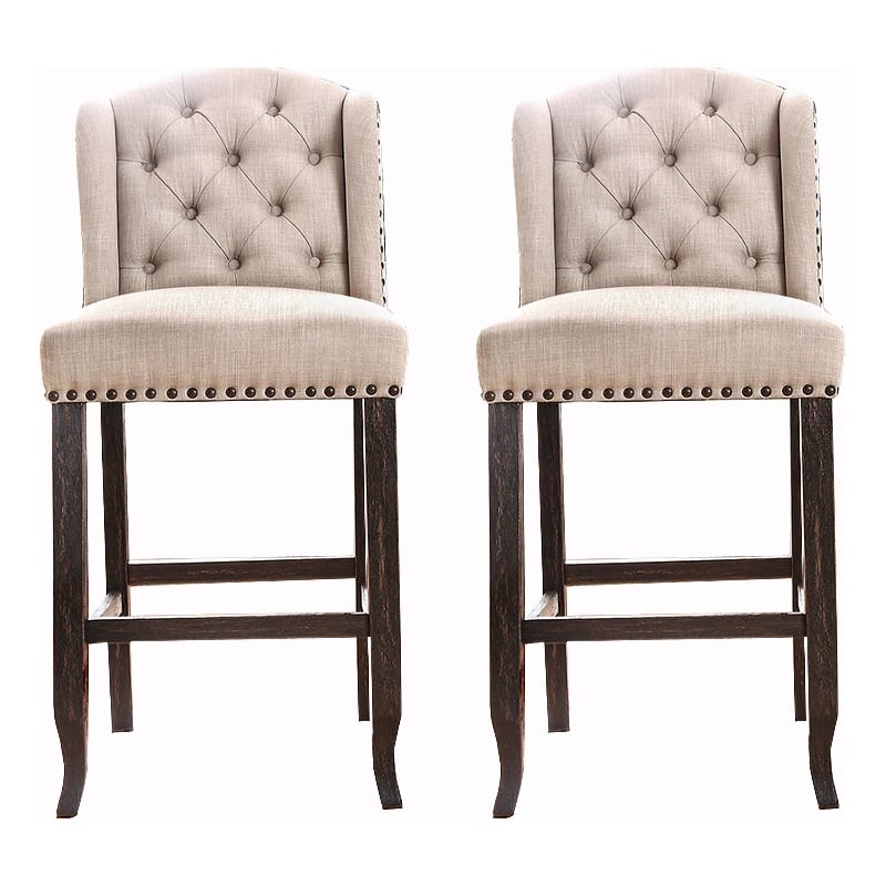Pemberly Row Set of 2 Button Tufted Bar Chairs w/ Nailhead Trim in Beige & Black