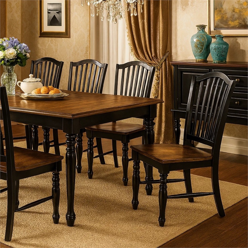 Pemberly Row Cottage Style Dining Table with Carved Legs in Black & Antiqued Oak