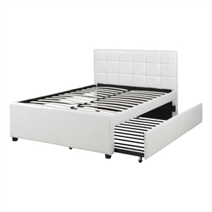 Pemberly Row Full Bed w/ Trundle & Square Tufted Faux Leather Headboard in White
