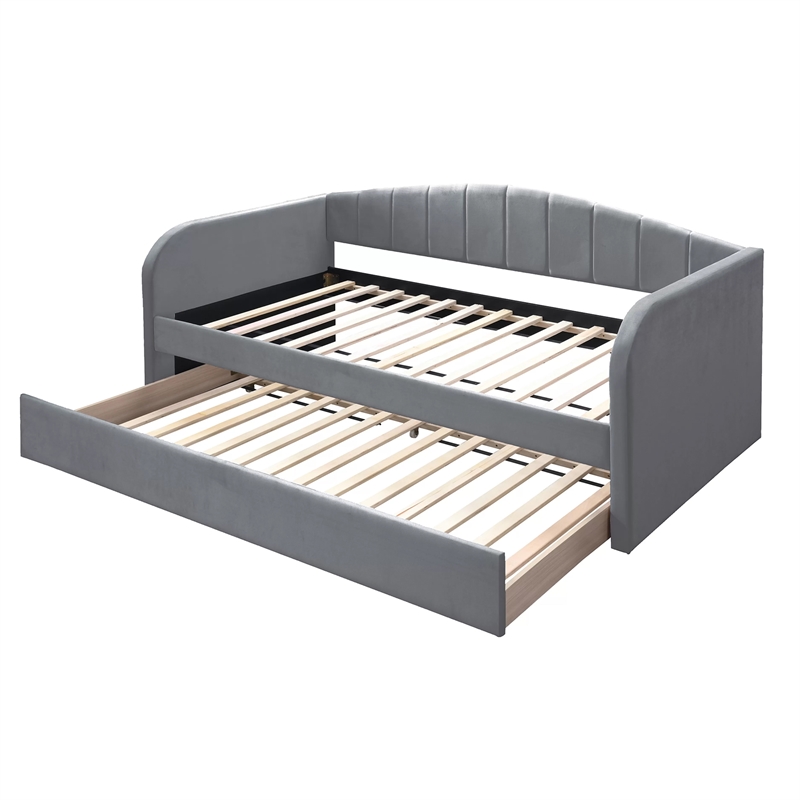 Pemberly Row Channel Tufted Daybed with Pull Out Trundle & Wooden Slats in Gray