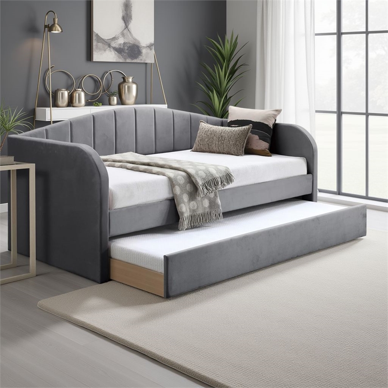 Pemberly Row Channel Tufted Daybed with Pull Out Trundle & Wooden Slats in Gray