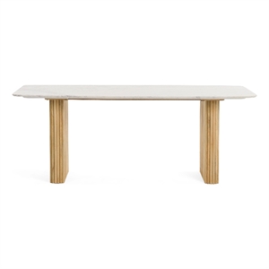 Pemberly Row 79&quot Dining Table w/ Carrara Marble Top & Fluted Wood Base in Brown