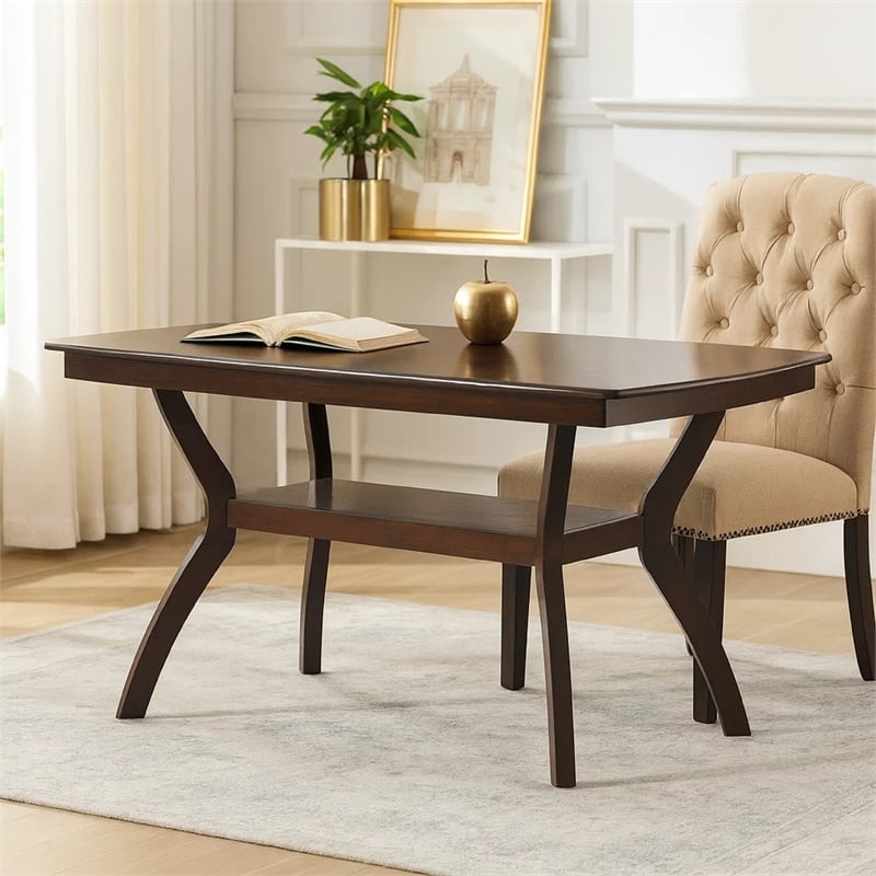 Pemberly Row Style Dining Table with Open Shelf & Tapered Legs in Espresso