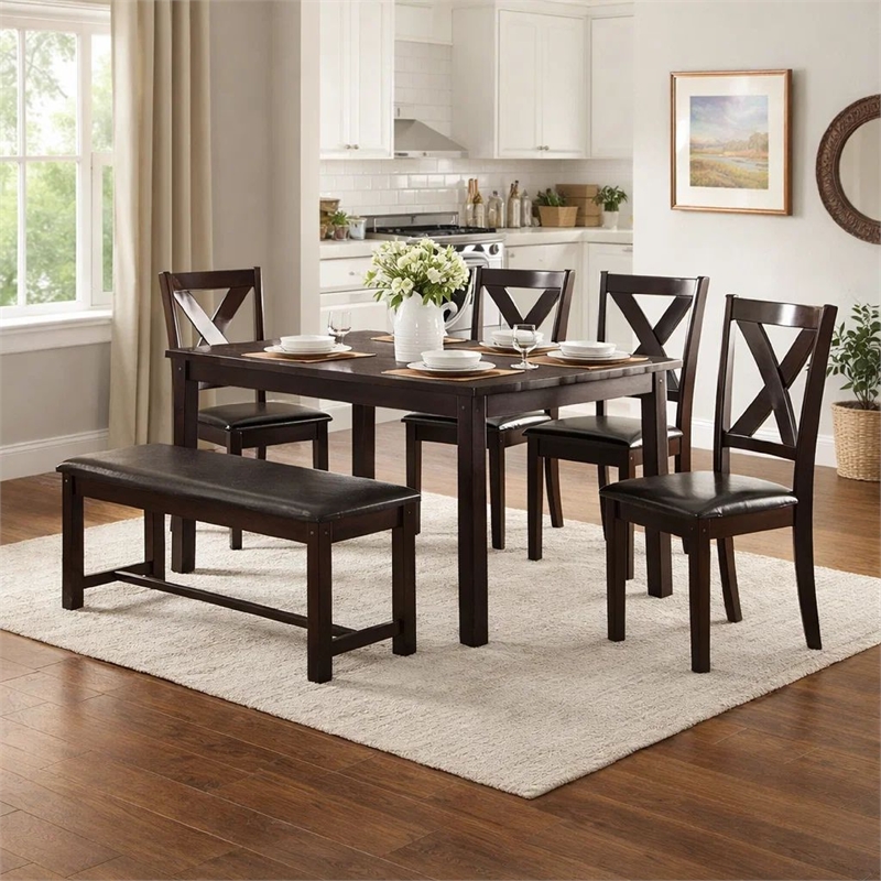 Pemberly Row 6 Pc Rubberwood Dining Set with Bench & 4 Chairs in Espresso Brown