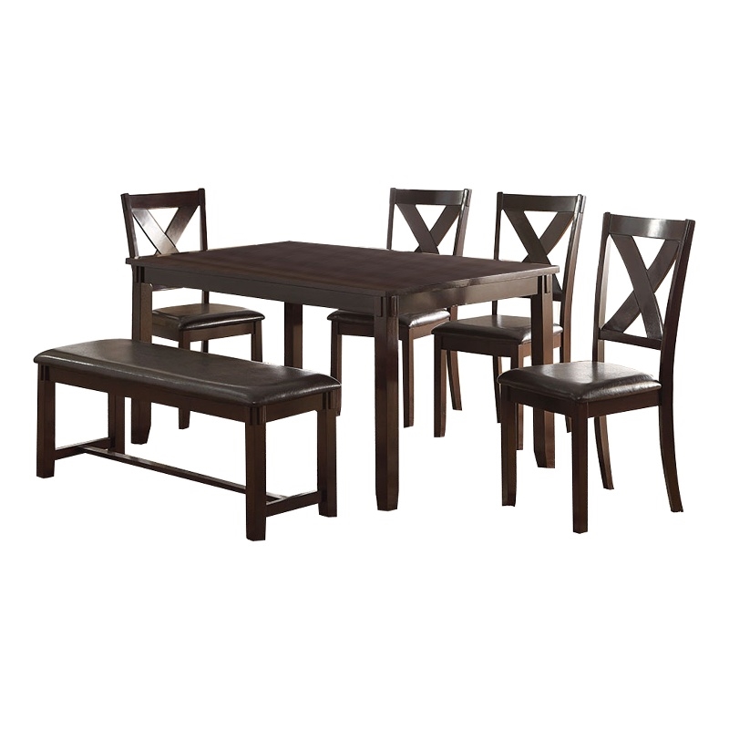 Pemberly Row 6 Pc Rubberwood Dining Set with Bench & 4 Chairs in Espresso Brown
