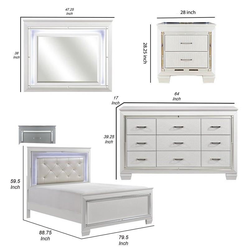 Pemberly Row 4Pc California King Bedroom Set with Mirror Trim & Rhinestone Pulls