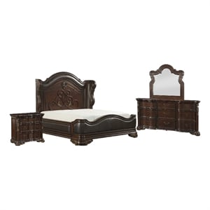 Pemberly Row 4 Pc Queen Bedroom Set with Carved Arched Headboard in Cherry Brown