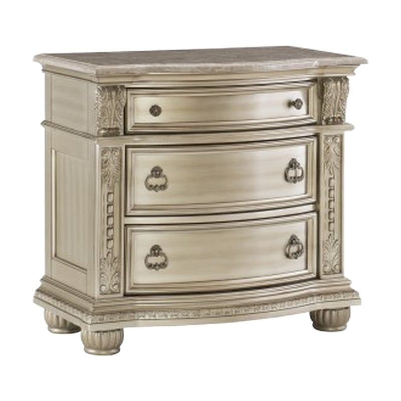 Pemberly Row 4 Pc Queen Sleigh Bedroom Set with Marble Tops in Gleaming Silver